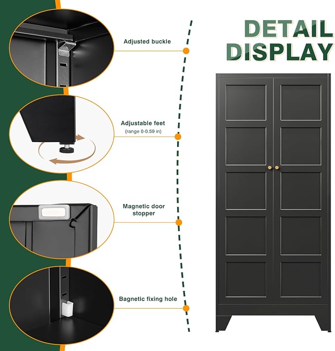 72" H Metal Storage Cabinet with 2 Doors and 4 Shelves,Tall Kitchen Pantry Cabinets,Utility Pantry Organizers for Cupboard/Dining/Bathroom/Home Office/Garage (Black, 72" H x 18" D x 33.5" W)