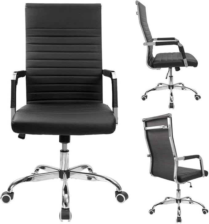 Furmax Ergonomic Office Desk Chair, Executive Ribbed Mid-Back PU Leather Conference Room Chair Adjustable Swivel Chair with Arms (1, Black)