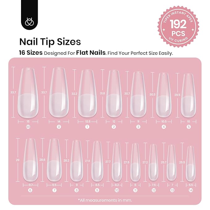 Beetles Tipex Instant Apex Nail Tips, Long Coffin, 16 Sizes |00–14, 192pcs, Built-In Apex, No Builder Gel Required, Thicker Strong Acrylic Tips for DIY Nail Extensions