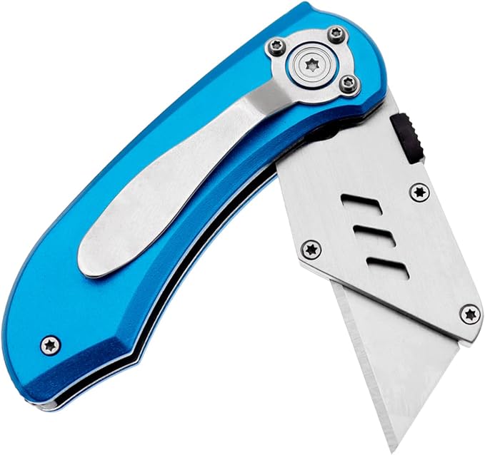 Utility Knife Folding Safety Lock Quick Change with 10 Extra SK5 Replacement Blade Lightweight Aluminum Handle & Pocket Clip Multi-Use Box Cutter Office Home Art Diy Great Gift Choice (New.Blue)