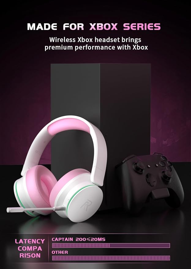 RYR Wireless Gaming Headsets, Bluetooth 5.3, 3D Surround Sound, Rotatable Earmuffs, Gaming Headphones with Noise Canceling Microphones for Xbox Series X|S, Xbox One, PS5, PS4, Mac-Pinkwhite