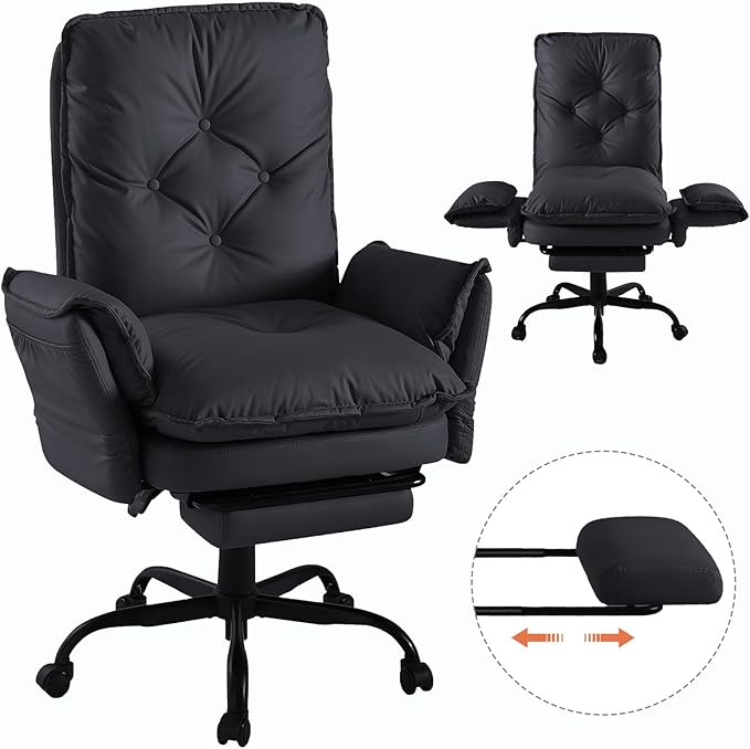 Bestier Cross Legged Office Chair with Footrest, High Back Criss Cross Chair with Reversible Armrests and Wheels, Big and Tall Reclining Office Chair for Home PU Leather Black