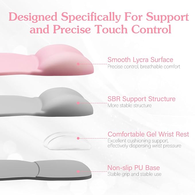 Office Mouse pad with Gel Wrist Rest, 9.2 x 8.1 in, Pink | Ergonomic Shape Design for Pain Relief, Cooling Feel Gel Cushioning for Wrist Comfort, Smooth Lycra Surface, Non-Slip PU Base