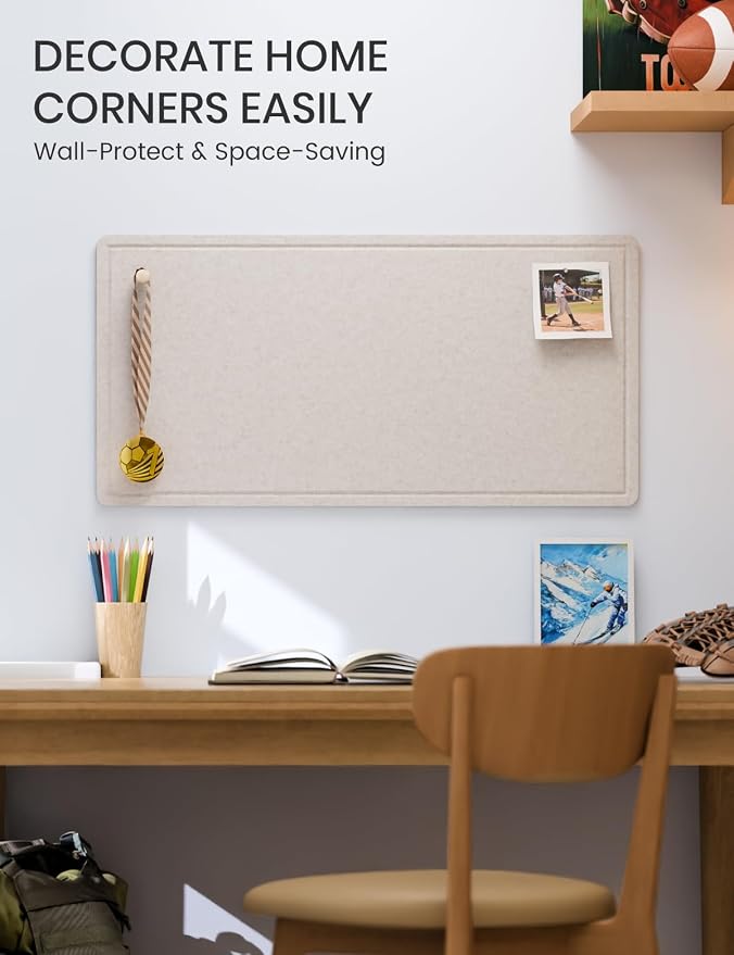 Fluxynara 35" x 17.1" Bulletin Board, Oatmeal | Cork Board Alternative with 12 Removable Adhesive Tabs, Foldable Felt Pin Board for Home, Office, Classroom & Dorm