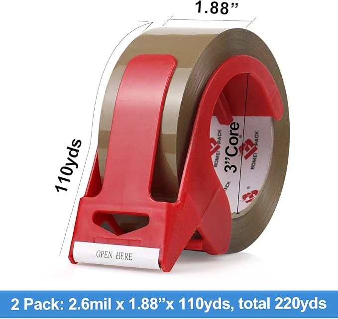 BOMEI PACK Brown Packing Tape No Noise, 2 Pack Quiet Packaging Tape Refill with Dispenser, 1.88 inch x 110 Yards, Heavy Duty Shipping Tape for Sealing Packing, Moving, Office&Storage