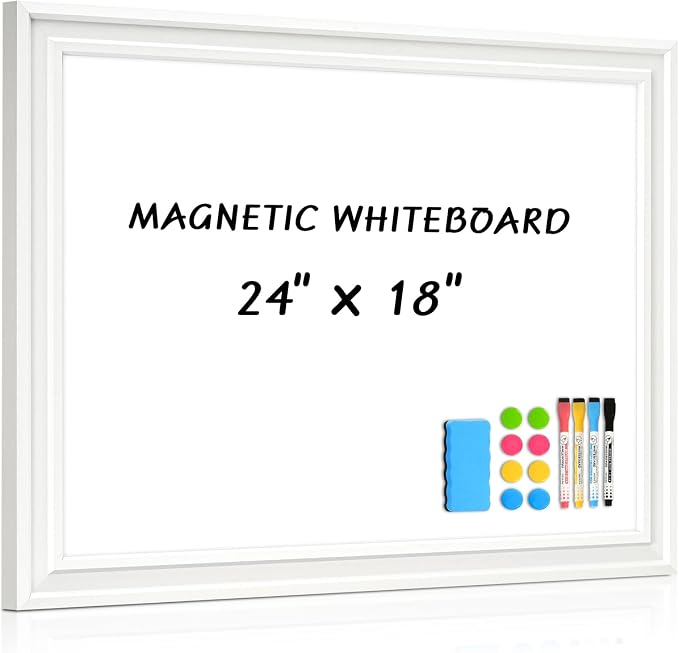 White Board for Wall, 24'' x 18'' Magnetic Dry Erase Board, White | Wooden Frame, Decorative Whiteboard, Wall Mounted, for Home, Office, Kitchen, Dorm, 4 Markers, 6 Magnets, A Eraser