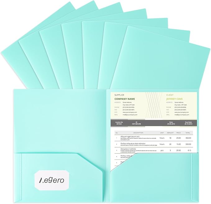 Plastic Folders with Pockets (7 Pack, Mint Green), Durable Heavy Duty File Folders with Business Card Slot, 2-Pocket Folder for Schoolwork & Office,Letter Size