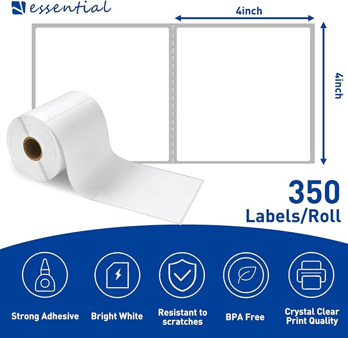 ESSENTIAL 4" x 4" White Direct Thermal Labels for Barcodes, Address | Permanent Adhesive, Shipping Labels, Compatible with Zebra, Rollo and Other Desktop Printers, 350 Labels of Roll, 8 Rolls