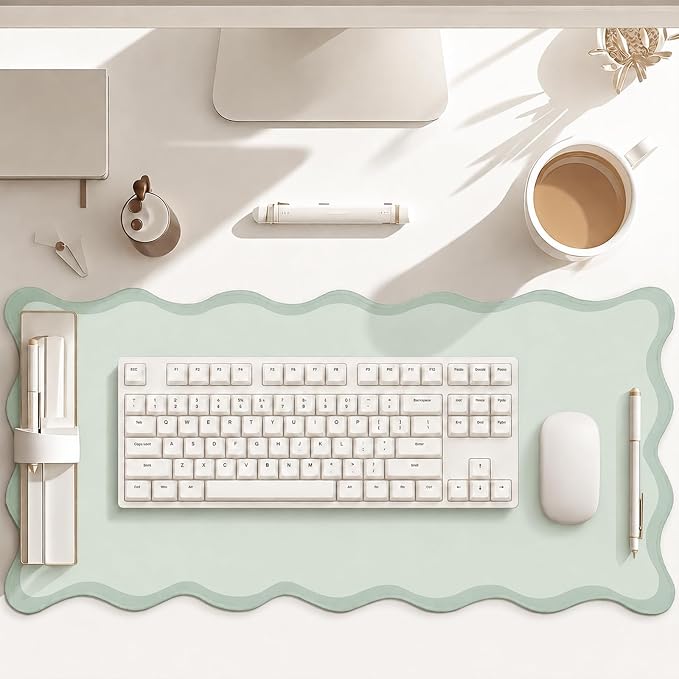 Hahafelt Scalloped Desk Mat Waterproof,Mint Green,31.5 X 15.8 Inches | Coquette Preppy Style for School Office Makeup Vanity, Nonslip Gaming Desktop Protector with Scalloped Stitched Edge Mat
