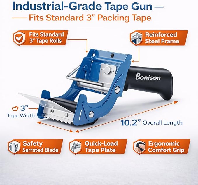 Professional 3-Inch Tape Gun Dispenser, 2-Pack Heavy-Duty Packing Tape Dispenser for Shipping Boxes, Quick Reload, Works with Standard & Thick Tape, Ergonomic Handle for Warehouse, Moving & Office