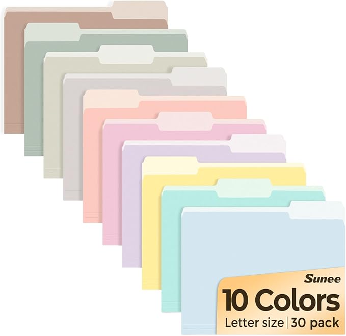 SUNEE File Folders, 30 Pack Manilla Folders 8.5 x 11, 10 Colors Folder Office Organization Home School Folders for Documents Files Paper