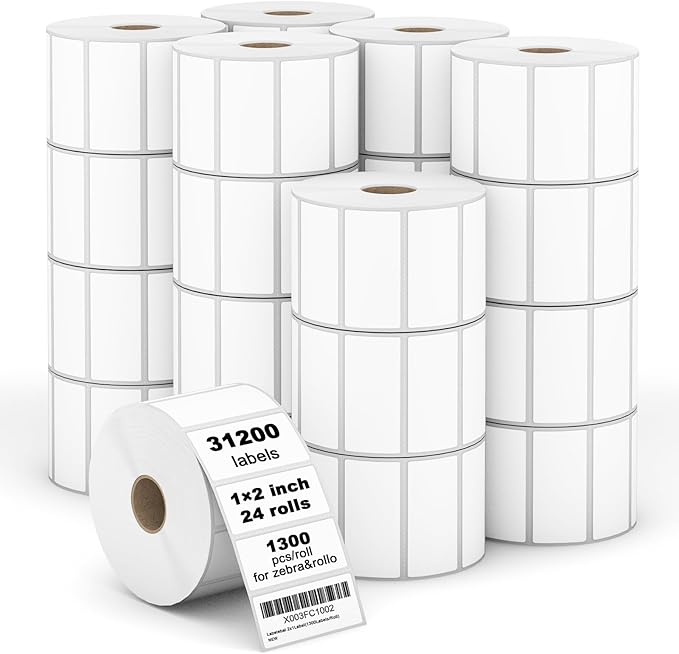 (31200 Labels/24 Rolls) Labelebal 2" x 1" Direct Thermal Label (3-Proof 1" Core) Multipurpose Shipping Address Barcodes Labels Compatible for Zebra & Rollo Desktop Label Printer (1300 Labels/Roll)