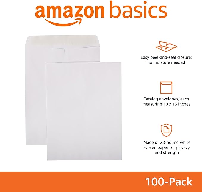 Amazon Basics Catalog Mailing Envelopes, Peel and Seal, 10 x 13 Inch, White, 200-Pack