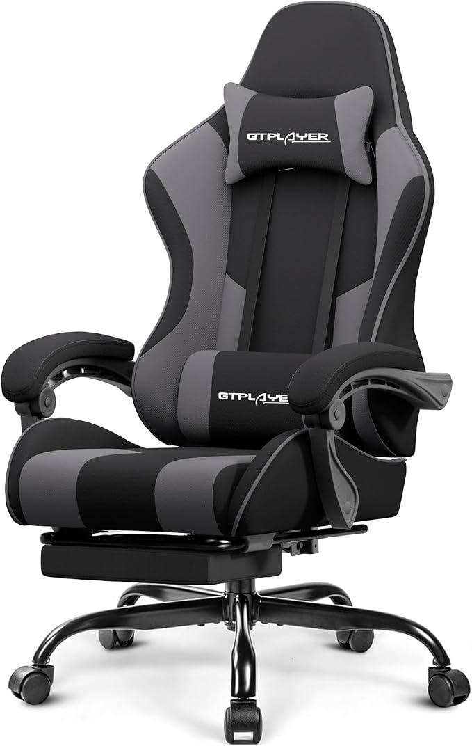 GTPLAYER Gaming Chair, Computer Chair with Footrest and Lumbar Support, Height Adjustable Game Chair with 360°-Swivel Seat and Headrest and for Office or Gaming (Darkgray, Fabric)