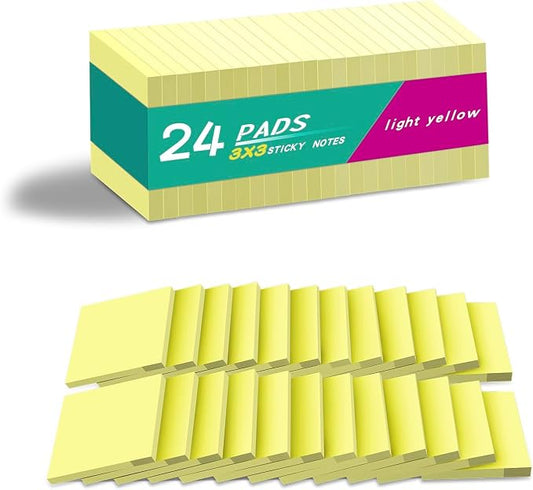 (24 Pads) Sticky Notes 3x3 in Yellow, Strong Adhesive, Clean Removal, Recyclable, Self-Stick Pads, Easy to Post for Home, Office, Notebook