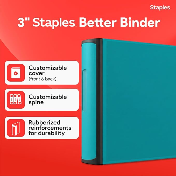 Staples Heavy-Duty 3-Inch D-Ring Binder, Teal – Large Capacity 3-Ring Binder with Pockets, Holds Up to 600 Sheets