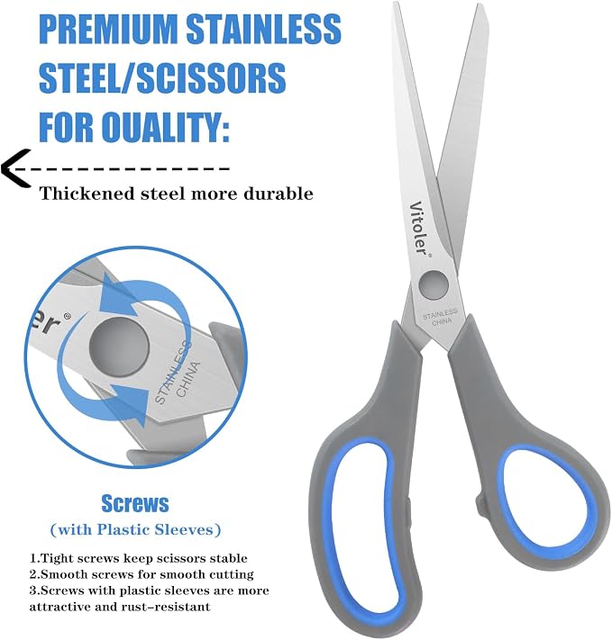 Vitoler Scissors, Heavy Duty Scissors All Purpose Bulk Set of 3-Pack | Sharp Scissor for Office School Craft Sewing Fabric, Right/Left Hand