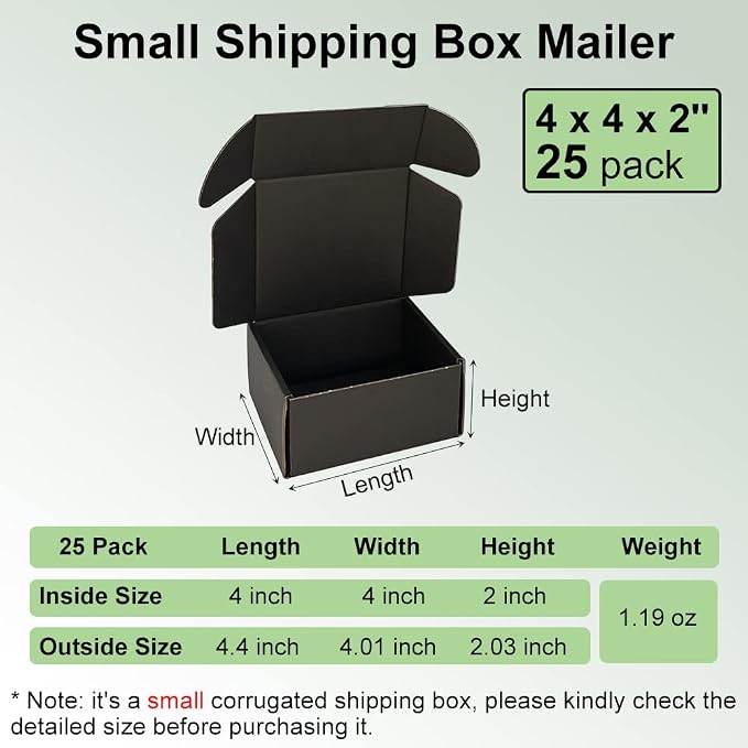 4x4x2'' Small Shipping Boxes 25 Pack, Black Corrugated Cardboard Literature Mailers, Mailing Packaging Supplies for Small Business (BK442-25)