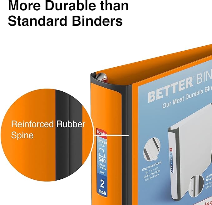 Staples Better Binder, 2" D‑Ring 3‑Ring Binder, Bright Orange, Reinforced Rubber Spine, Durable High‑Capacity Binder for School & Office