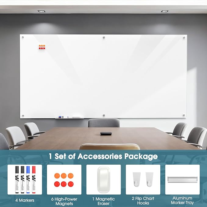 MaxGear 96" x 48" Glass Whiteboard Wall Mounted for Office Home Classroom | Magnetic Glass Dry Erase Board, Tempered Glass, Steel Backed, Non-Porous Surface, Frameless Design, Hardware Included