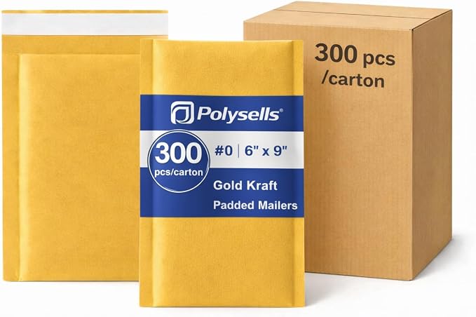 POLYSELLS #0 6x9 Kraft Bubble Mailers 300 Pack - Padded Envelopes for Shipping Small Business Supplies - Self Seal Cushioned Mailing Envelopes for Jewelry, Cosmetics, Photos - Gold Kraft Paper