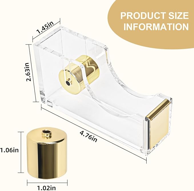 Clear Desktop Tape Dispenser, Modern Acrylic Tape Dispenser Kit, 1 Inch Core Desktop Adhensive Tape Cutter Holder for Office Desk, Home, School-Gold