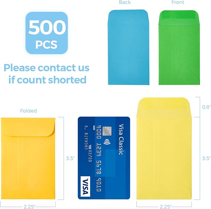 ACSTEP 500 Pack #1 Colored Coin Envelopes 2.25x 3.5 Key Envelopes, 10 Assorted Colors Self-Adhesive Paper Seed Envelopes, Seeds Storage Packets 2-1/4 X3-1/2