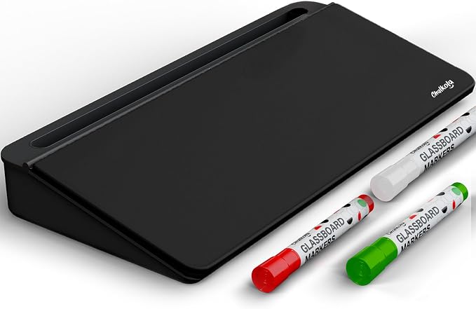 Chalkola Black Glass Desktop Whiteboard with Storage - Desk Organizer Buddy | Dry Erase Board, Work Desk Organizers, Computer Keyboard Stand, Home Office Accessories, Workspace Desktop Buddy + 3 Markers