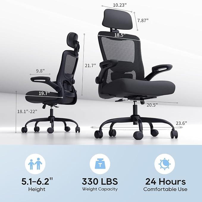 Ergonomic Office Chair for Long Hours, Adjustable Padded Lumbar Support for Lower Back Relief, 330 lb Capacity, Comfortable Computer Desk Chair for Home Office, Work & Study