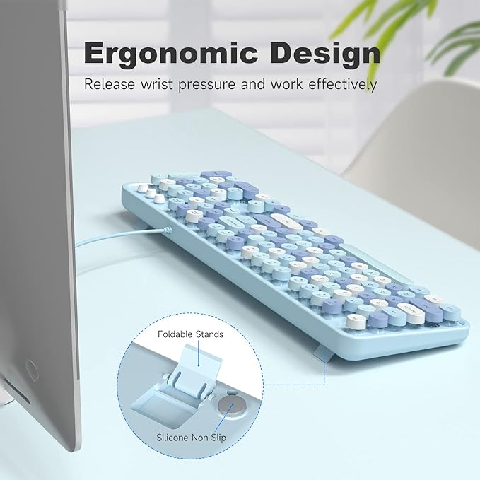 Computer Keyboard Wired, Plug and Play USB Retro Round Typewriter Keyboard, Full Size Wired Keyboard with Foldable Stands for Laptop and Office PC