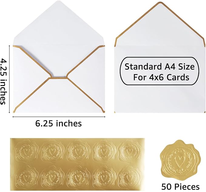 50 Pieces White A4 Envelopes with Gold Border, 4.25x6.25 Inches Envelopes with Gold Stickers for Greeting Cards and Invitation (A4-4x6)