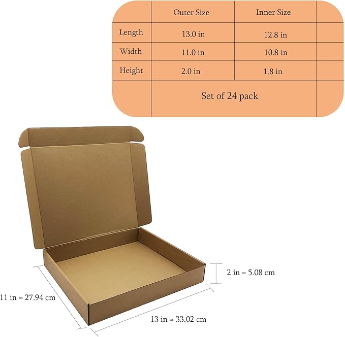 13x11x2 inches Shipping Boxes Set of 24, Brown Corrugated Mailing Cardboard Box Literature Mailer for Packing Small Business Moving and Storage,E-Commerce Packaging (13"×11“×2”)