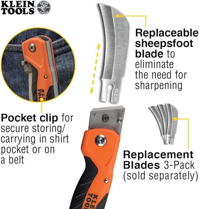 Klein Tools 44218 Utility Knife, Electricians and Folding Pocket Knife with Hawkbill Blade for Cable Skinning, Replaceable Blade