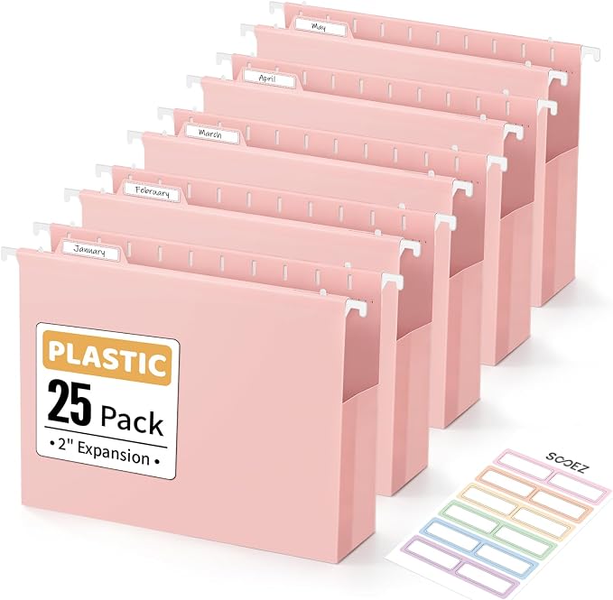 Sooez Extra Capacity Plastic Hanging File Folders, File Organizer | 25 Counts Expanding File Folders Letter Size with 2" Expansion, Adjustable Tabs for File Cabinet, Drawer, Pink