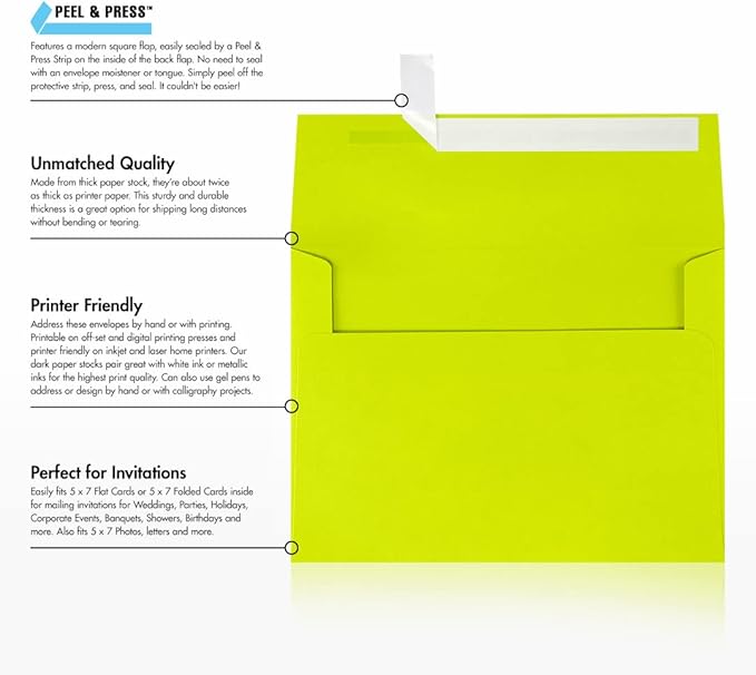 LUXPaper A7 Invitation Envelopes | Peel & Press | 5 1/4" x 7 1/4" | Wasabi Green | 80lb. Text | 50 Qty