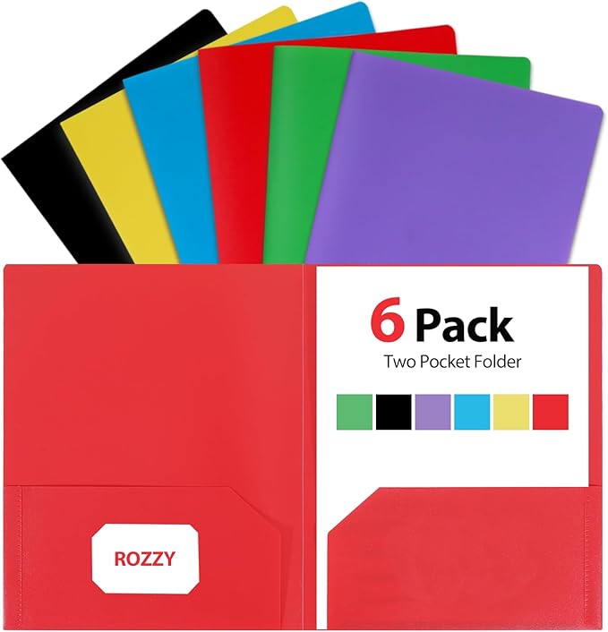Plastic Folders with Pockets, 6 Pack Document Folders with Business Card Slot, 2 Pocket Folders Back to School Supplies for Kids, Office