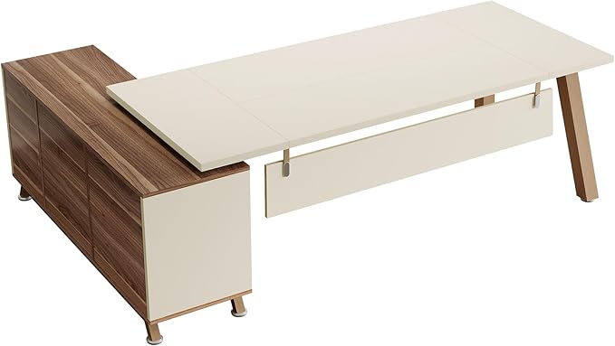 Tribesigns 78.7" L-Shaped Executive Desk, Modern Office Desk with File Drawers & Storage Shelves, Large Computer Desk with 55-Inch Cabinet, Business Workstation for Home Office, Beige & Walnut