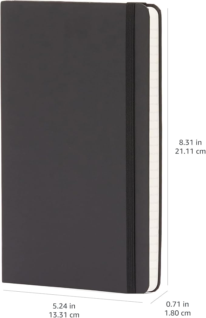 Amazon Basics Classic Lined Writing Notebook for Note Taking and Journaling, Hardcover with Elastic Closure, 240 Pages, 5" x 8.25", Black