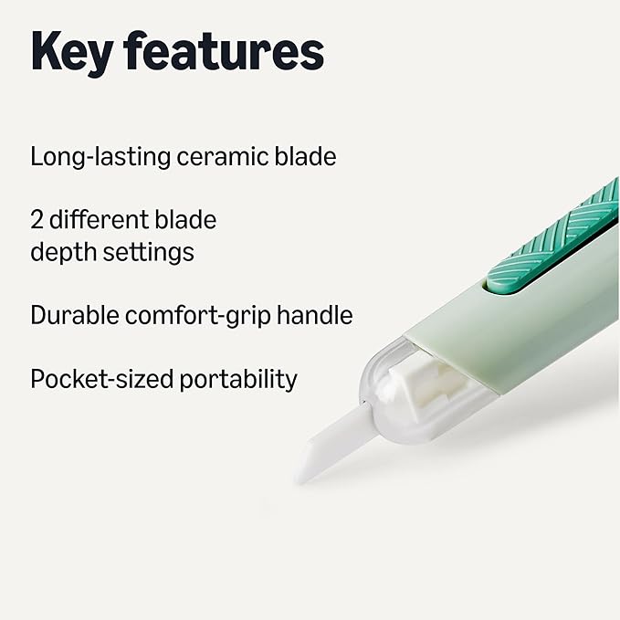 Amazon Basics Ceramic Box Cutter Utility Knife, Adjustable Safety Cutter, 0.75 x 0.75 x 5.50 inches, Green, 1-Pack