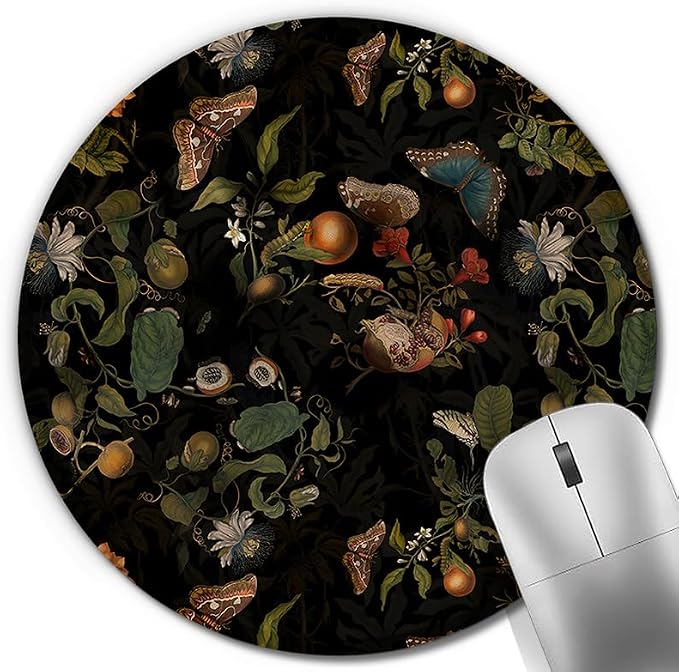 Vintage Dark Cottagecore Floral Moth Round Mouse Pad, Dark Boho Tropical Botanical Fruit Butterfly Mousepad Mat for Home Office Computer Laptop Desk Accessories 7.9x7.9 in