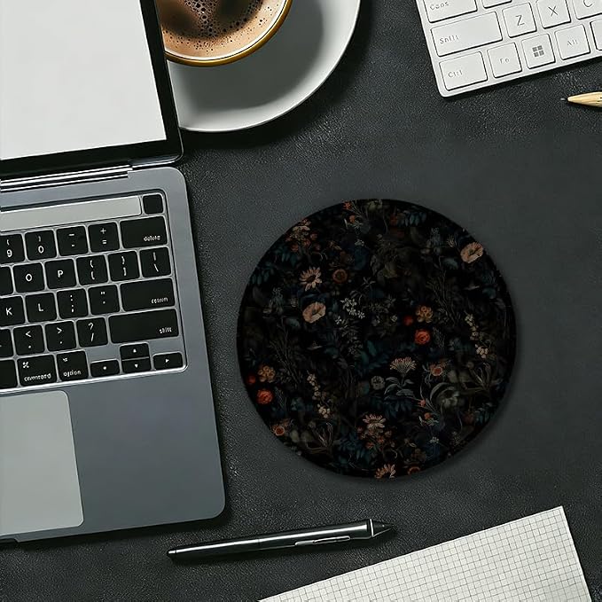 Dark Gothic Moody Floral Round Mouse Pad, Black Boho Mystical Exotic Botanical Flower Mousepad Mat for Home Office Computer Laptop Desk Accessories 7.9x7.9 in