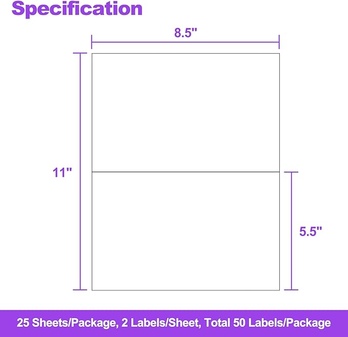 25 Half-Sheet Label Paper (8.5" x 5.5") – 2 per Sheet, 50 Total Labels – Matte Self-Adhesive Shipping Labels Compatible with Laser & Inkjet Printers, for Mailing, Organizing & Classroom Use
