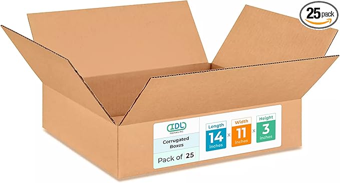 Medium Moving & Shipping Boxes 14"L x 11"W x 3"H (25-Pack) - Extra Strength 200 lb vs Regular - USA-Made Corrugated Packaging Boxes - Medium Box - Cardboard Packing Box by IDL Packaging