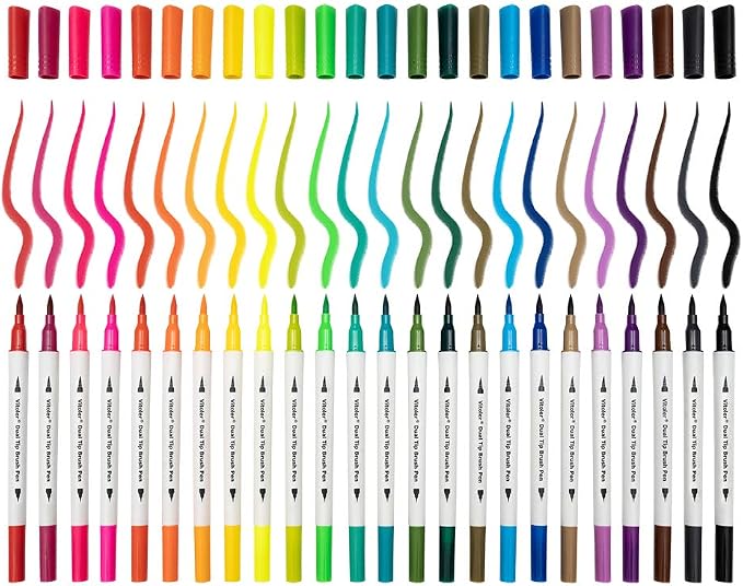 Vitoler Colored Markers Highlighters Dual Tip Brush Pens,Fine Tip Markers & Fine Point Art Pens for Adult Coloring Drawing Planner Art Craft Supplies (24 Brush Pens Set)