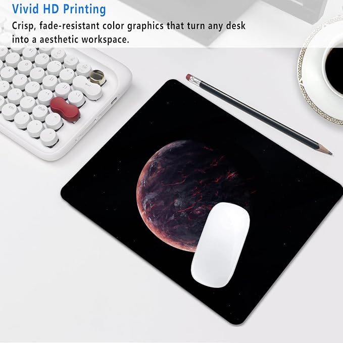 Sci-Fi Galaxy Planet Mouse Pad, 9.5"x7.9" Non-Slip Desk Mat 3mm | Personalized printed square mousepad with lava planet. Clean-cut flush edges & premium smooth cloth for gaming or office.