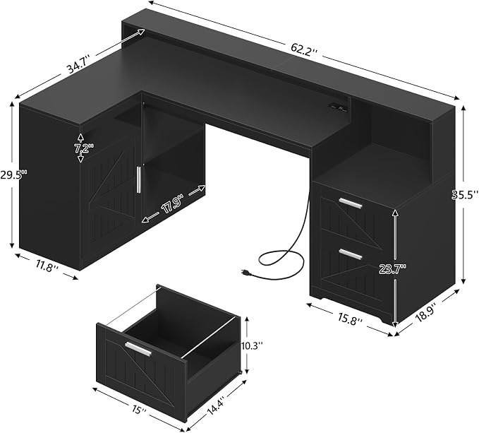 63" Farmhouse L Shaped Desk with Drawers and Printer Stand for Home Office | Computer Desk with Power Outlet, Home Office Desk with Storage Shelves and Monitor Stand, Black