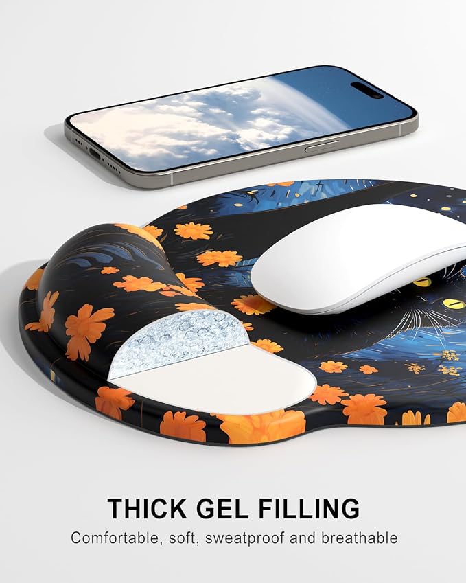 Auhoahsil Ergonomic Mouse Pad with Wrist Rest, Comfortable Silicone Non-Slip Computer Pain Relief Gel Mouse Mat with Wrist Support for Gaming, Work, Office, Women & Men, Cute Pattern, Star Cat