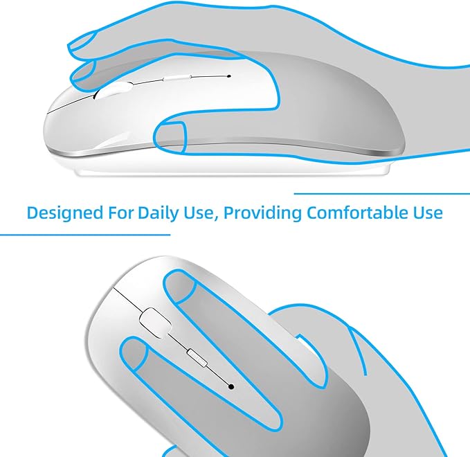 Wireless Mouse for Laptop, Bluetooth Mouse for MacBook Pro/Air/Mac/iPad/Chromebook/Computer -Rechargeale Dual Mode(USB 2.4Ghz + Bluetooth 5.2) Silent Cordless Mice with USB C Adapter,Silver