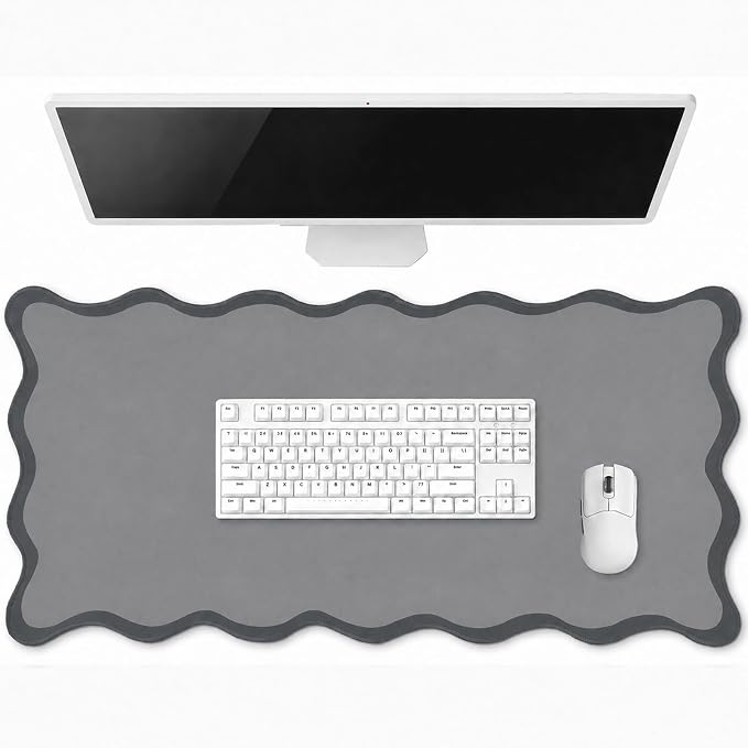 Hahafelt Scalloped Desk Mat Waterproof,Grey,31.5 X 15.8 Inches | Coquette Preppy Style for School Office Makeup Vanity, Nonslip Gaming Desktop Protector with Scalloped Stitched Edge Mat