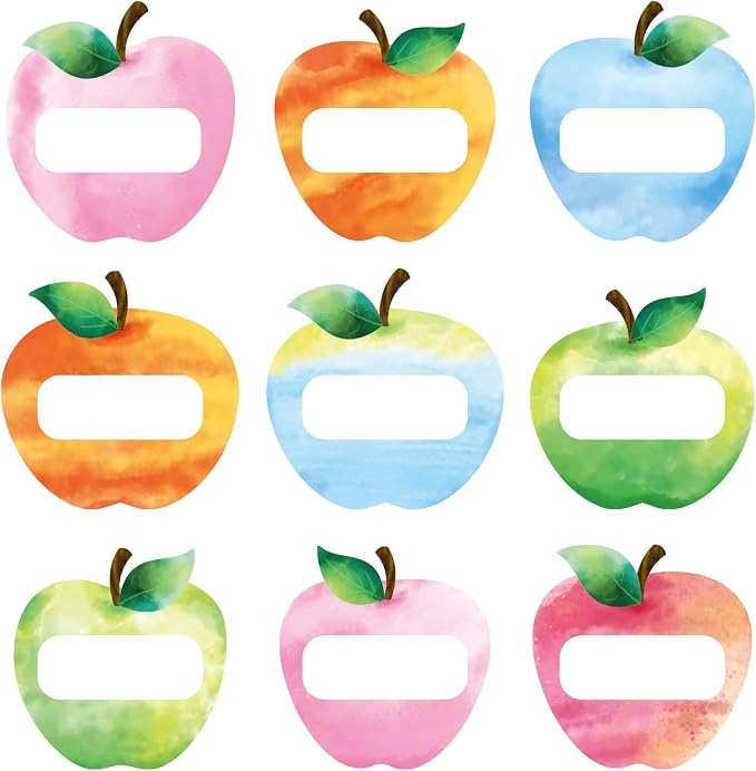 Whaline 90 Pcs Back to School Name Tag Stickers Watercolor Apples Shape Nameplates Colored Self-Adhesive Label Decals for Students Desk Classroom Decoration, 9 Designs
